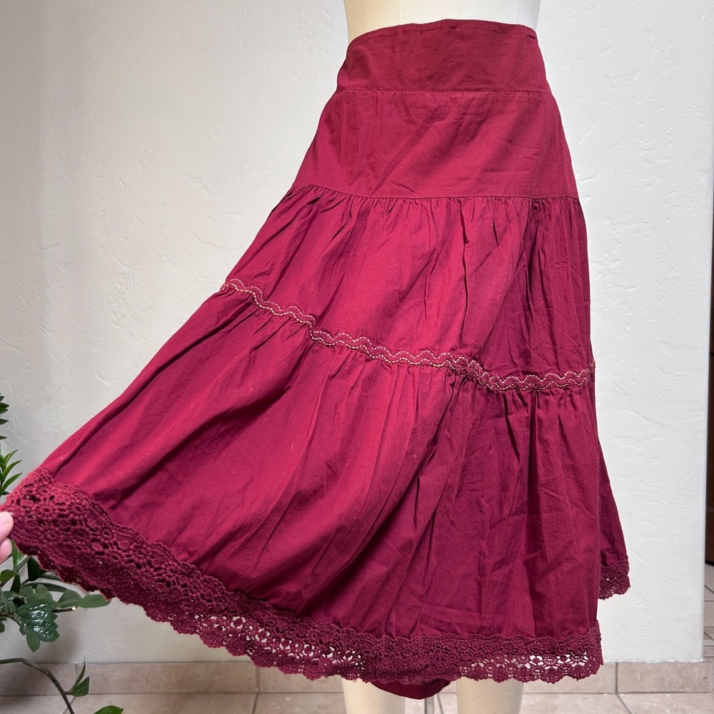 Anthropologie Tiered Full Midi Skirt Red Cotton Whimsigoth Folk Boho Pockets M